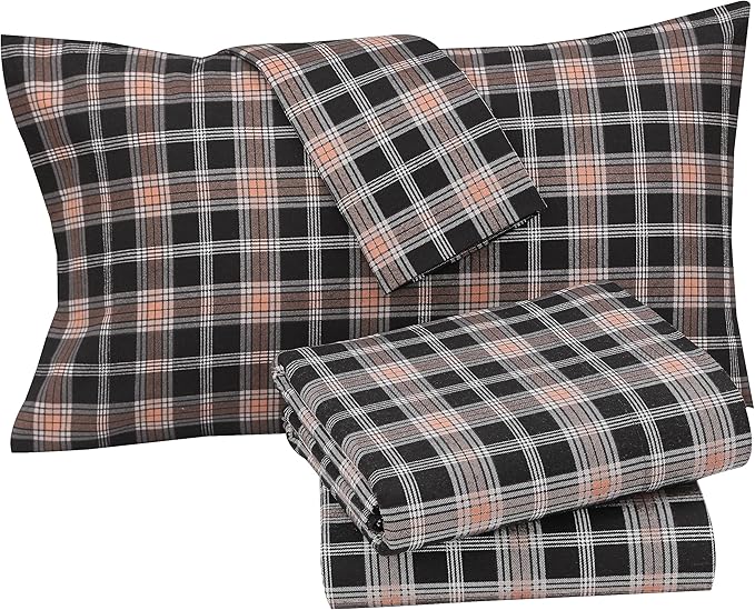 RUVANTI Flannel Sheets Queen Size - 100% Cotton Double Brushed Bed Sheets, Deep Pockets 16 Inches Queen Sheet Set, All Seasons Breathable & Extra Soft - Warm & Cozy, 4 Piece, Peach & Black Plaid