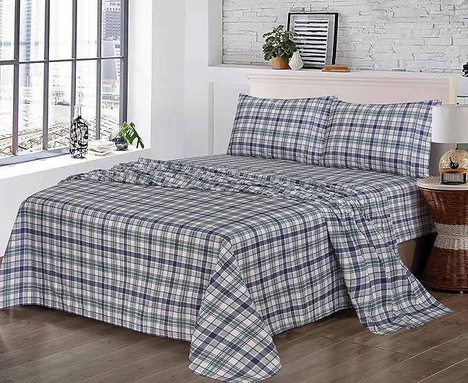 RUVANTI 100% Cotton King Size Sheets Set, 4 Pieces, Soft & Breathable Percale Weave Bedding, Deep Pocket 16", Hotel Standard, Crisp Cool Feel, Durable, Perfect Plaid Bed Sheet, Greenish Blue Plaid