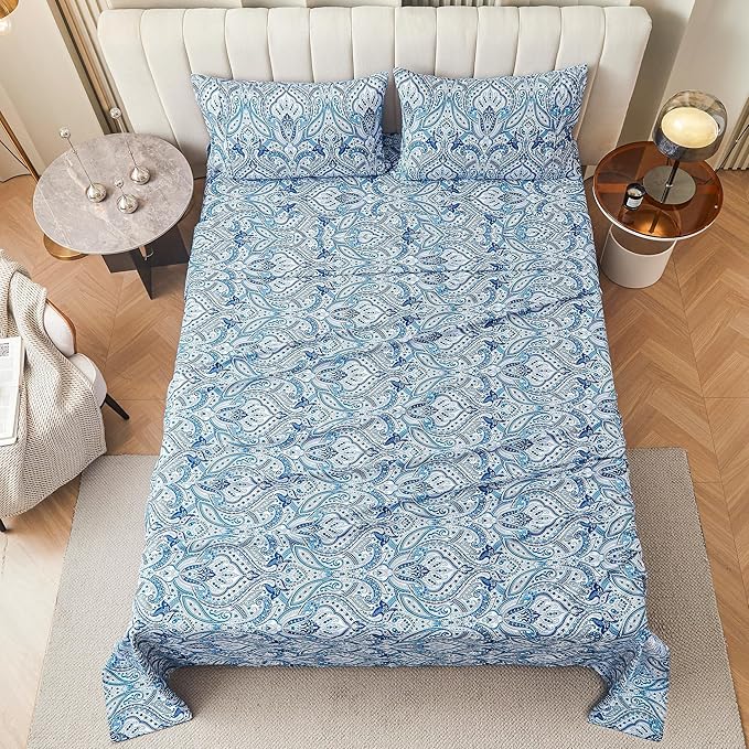 Softan Blue Paisley Printed Queen Size Sheet Set, Blue Floral Sheets Queen, Cozy Microfiber Fitted Sheet with 15" Deep Pocket & Non-Slip Straps, Flower Patterned Sheets & Pillowcase Sets