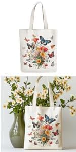 ANATTASOUL Canvas Tote Bag Butterfly Bouquet Reusable Cotton Bag for Women, Durable Cloth Shoulder Bags with Zipper Pockets for Shopping, Vacation, Work, Gym
