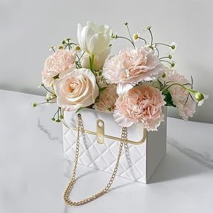 White Flower Paper Gift Box, Waterproof Bouquet Storage Bucket Florist Handbag with Metal Chain Flower Boxes for Wedding Mother's Day Birthday Bridal Etc Shower Gift Wrap Craft-4 Pcs