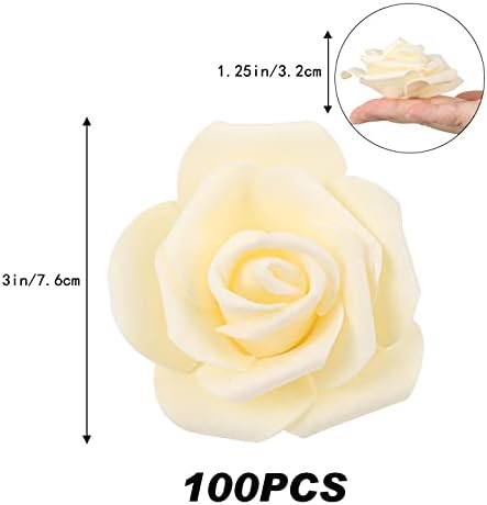 IPOPU Artificial Rose Flower Heads, 100 Pcs Real Looking Creamy Yellow Foam Fake Roses for DIY Wedding Baby Shower Centerpieces Arrangements Party Tables Home Decorations (Cream Yellow, Stemless)