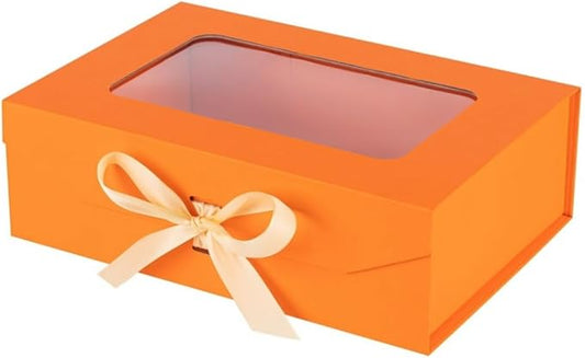 Orange Gift Box for Presents with Ribbon 10.8x7.5x3.5 Inches Clear Gift Box with Window Magnetic Closure Gift Boxes with Lids