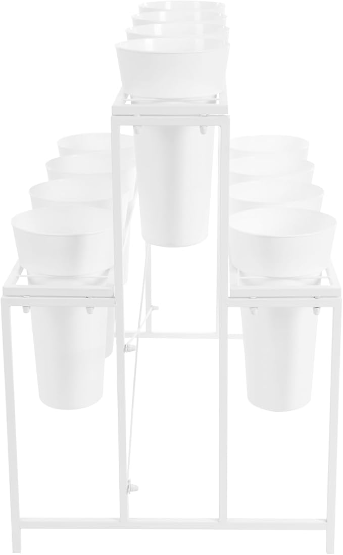 Flower Display Stand with 12 Pcs Buckets 3 Layers Metal Plant Stand Plant Cart Shelf Flower Bucket Rack Stand for Indoor Florist Garden Patio (White Stand-White Round Buckets)