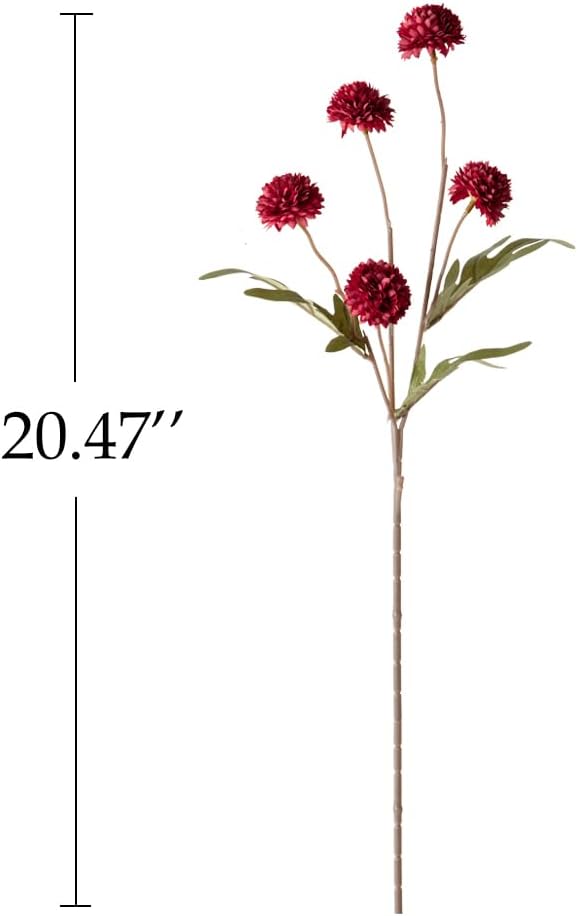 Laelfe Artificial Kiku Flower Wind Red- 5 Pcs Fake Pompon Mums Silk Small Chrysanthemum Faux Ball Fall Flower Stem Decor for Wedding Filler DIY Bouquet Centerpieces Arrangements Shower (Dark Red)