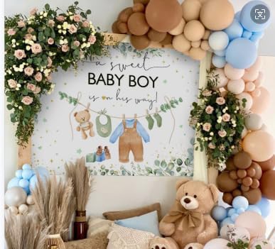 Mocsicka Baby Boy Backdrop for Baby Shower Oh Baby Green Leaves Boy Baby Shower Decorations Floral Watercolor Eucalyptus Golden Dots Cake Table Banner Decor Photo Booth Studio Props(Blue, 7x5ft)