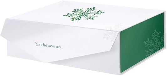 PACKHOME Large Christmas Gift Box 13.5x9x4.1 Inches, Sturdy Collapsible Gift Box with Magnetic Closure Lid (Green Snowflake Pattern)