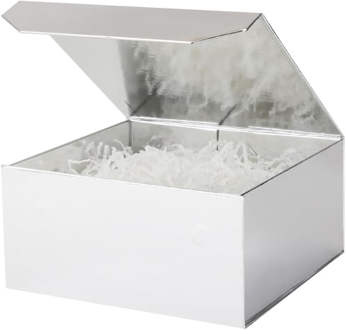 1 Pcs Small Silver Gift Box 8x8x4 Inch Magnetic Box with Crinkle Paper Silver Small Gift Box with Shredded Paper Luxury Gift Boxes with Lids for Presents