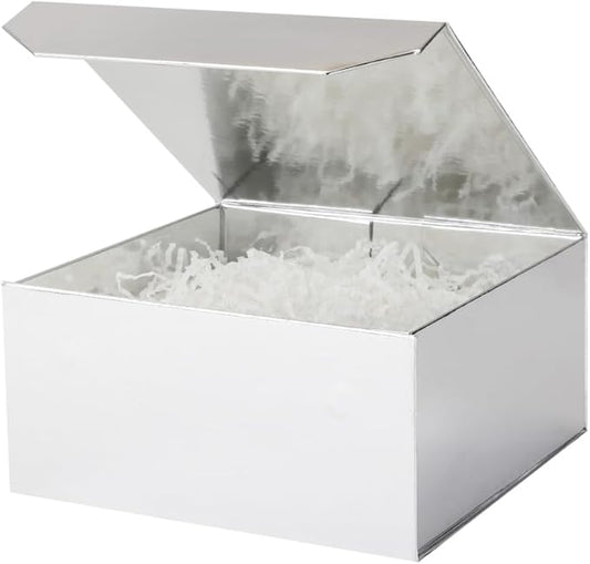1 Pcs Small Silver Gift Box 8x8x4 Inch Magnetic Box with Crinkle Paper Silver Small Gift Box with Shredded Paper Luxury Gift Boxes with Lids for Presents