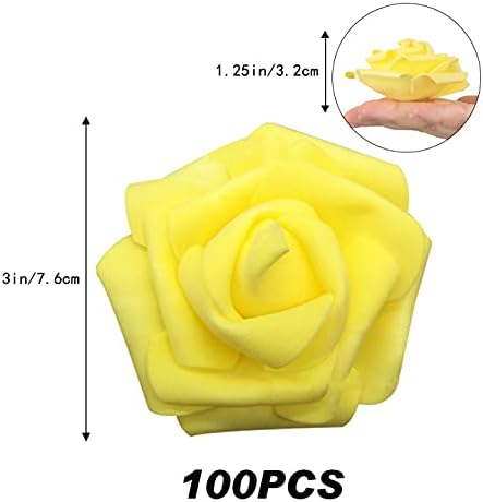 IPOPU 100 Pcs Artificial Rose Flower Heads Real Looking Yellow Foam Fake Roses for DIY Wedding Baby Shower Centerpieces Arrangements Party Tables Home Decorations (Yellow 1, Stemless)