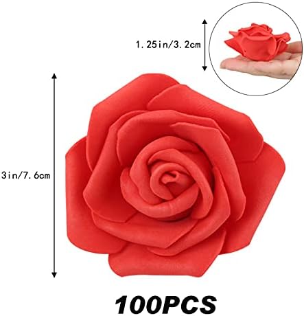 IPOPU 100 Pcs Artificial Flowers Roses Flower Heads Coral Red Foam Fake Roses for DIY Craft Wedding Centerpieces Arrangements Party Baby Shower Cake Decor Home Decorations (Red, Stemless)