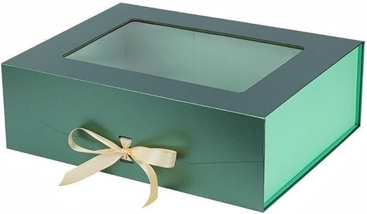 Green Extra Large Gift Box for Presents with Ribbon 16.5x13x5.3 Inches Clear Gift Box with Window Magnetic Closure Gift Boxes with Lids