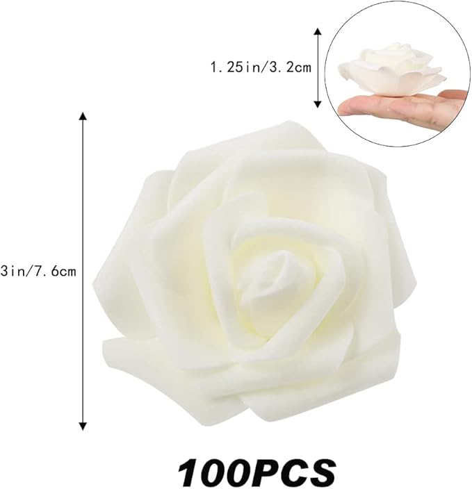 IPOPU Artificial Rose Flower Heads, 100 Pcs Real Looking Ivory White Foam Fake Roses for DIY Wedding Baby Shower Centerpieces Arrangements Party Tables Home Decorations (Ivory, Stemless)