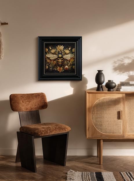 Vintage 3D Textured Bee and Flower Framed Wall Art 16x16 Inch, Square Insect and Floral Sandstone Panel Artwork Botanical Print, Retro Rustic Living Room Bedroom Farmhouse Home Decor