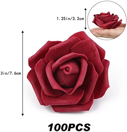 IPOPU Artificial Rose Flower Heads, 100 Pcs Real Looking Burgundy Foam Fake Roses for DIY Wedding Baby Shower Centerpieces Arrangements Party Tables Home Decorations (Wine red, Stemless)