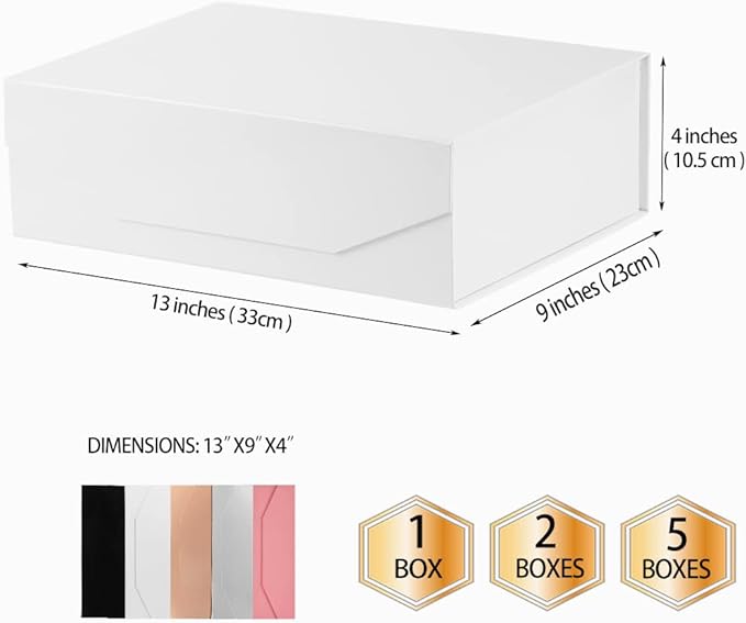5 White Large Gift Boxes with Lid 13x9x4 Inches, Bridesmaid Proposal Boxes, Hard Collapsible Gift Box with Magnetic Closure, Groomsman Box Reusable Gift Boxes for Clothes (Glossy White)
