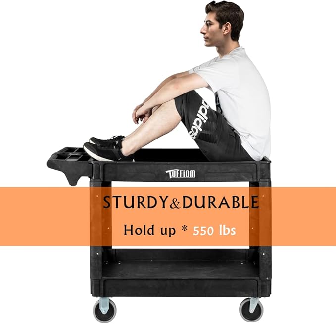 TUFFIOM Plastic Service Utility Cart with Wheels, 550lbs Capacity Heavy Duty Tub Storage Cart W/Deep Shelves, Multipurpose Rolling Extra Large 2-Tier Mobile Storage, for Warehouse Garage Industrial