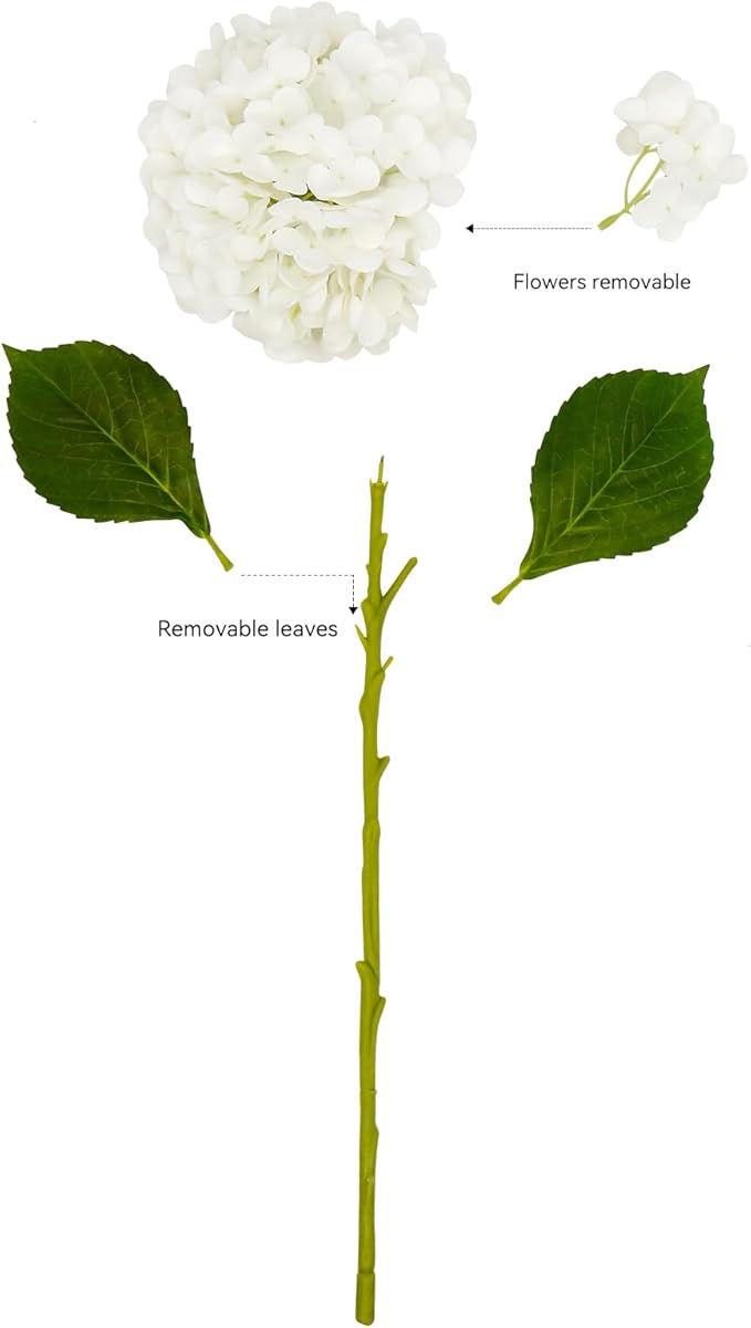Hydrangea Artificial Flowers with Stems 6 PCS 19.3" Latex Faux Hydrangea Fake Flowers Bulk Real Touch for Vase Indoor Home Decoration Wedding Centerpieces Arrangements (White)