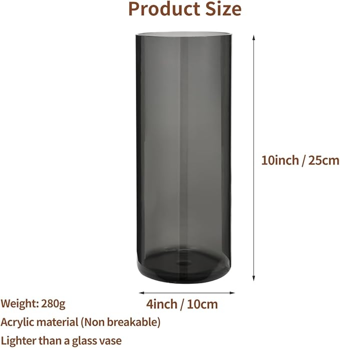 Flower Vase, Non-breakable Vases, 4" W x 10" H, Acrylic Grey Vase, Aesthetic Room Decor Cylindrical Modern Flower Vases for Table Centerpiece, Home Decor, Women Floral Arrangement Gift