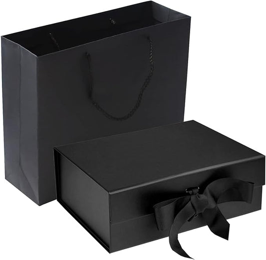 Black Luxury Magnetic Gift Box with Lid, Ribbons and Gift Bag, Medium Size-9.4x7x3 Inches, Great for Christmas, New Year, Wedding, Birthdays, Man