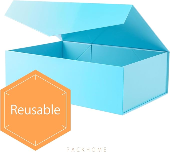 PACKHOME 6 Large Gift Boxes with Lids 13.5x9x4.1 Inches, Sturdy Collapsible Gift Boxes with Magnetic Closure (Glossy Blue)