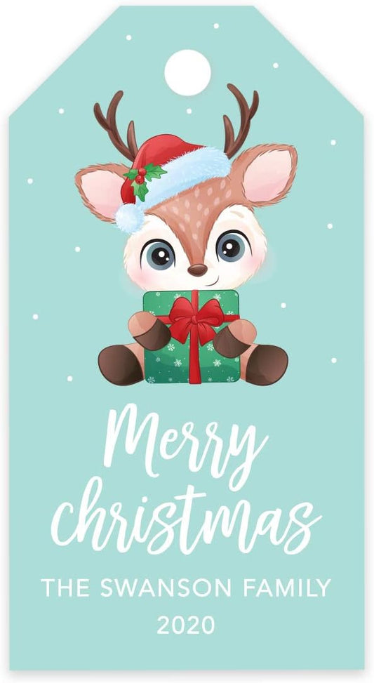 Andaz Press Personalized Christmas Holiday Season Classic Gift Tags, Merry Christmas Baby Reindeer with Santa Hat Design, Custom Family Name and Year, for Holiday Events, Parties, and Favors, 60-Pack