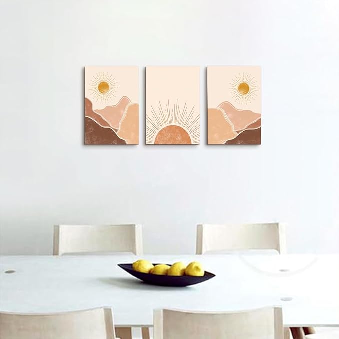 MHARTK66 Boho Wall Decor Living Room Canvas Wall Art For Bedroom Minimalist Abstract Mountain Sunshine Wall Paintings Wall Decorations For Girl Room Office Wall Decor Pictures Home Decor 3 Piece