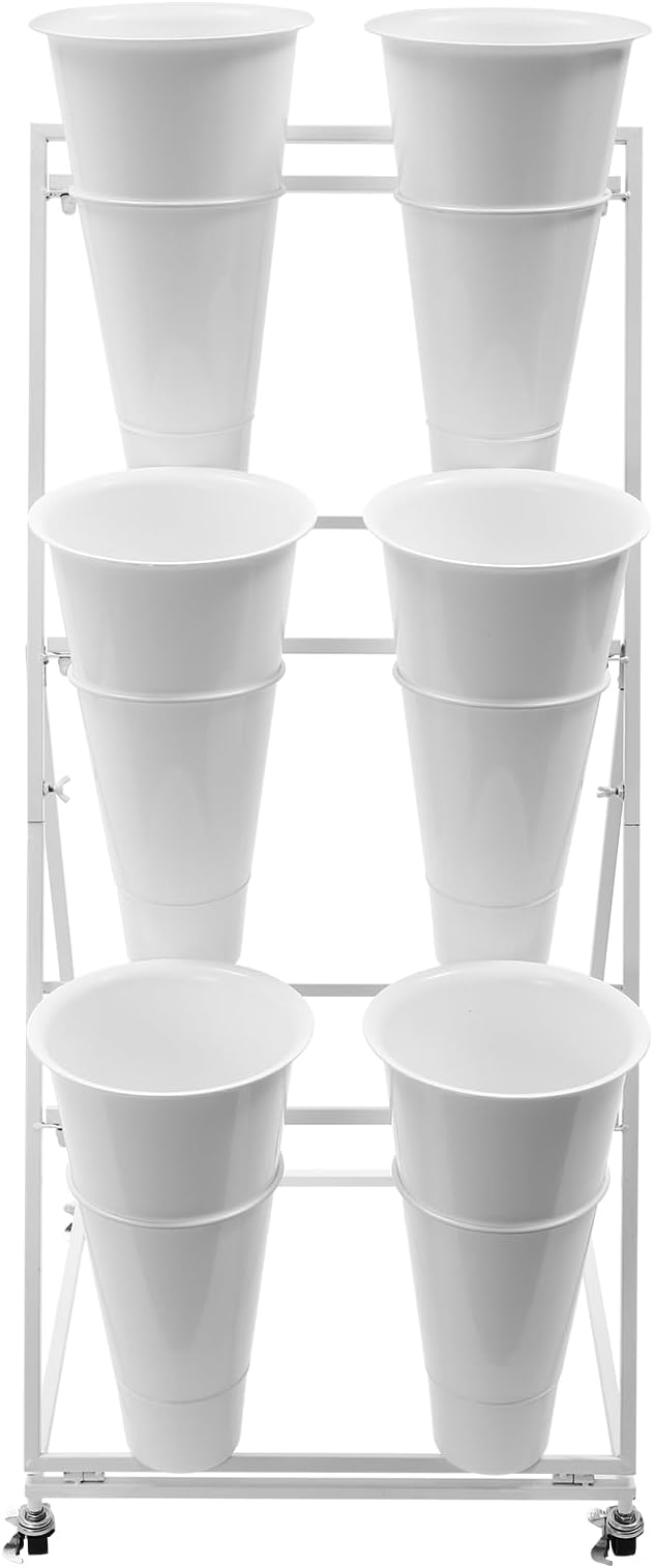 3-Tier Flower Display Stand with 6 Water Buckets – White Iron & PP Plant Rack with 4 Wheels (Brakes) – Floor Standing Flower Organizer for Florist, Wedding, Garden