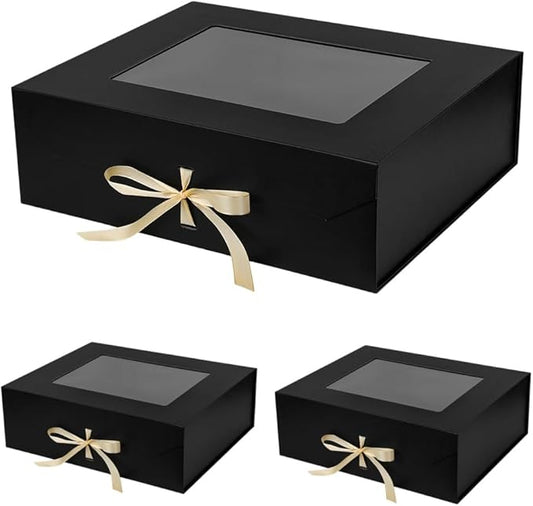 3 Pcs Extra Large Black Gift Box for Presents with Ribbon 19x16x6 Inches Clear Gift Box with Window Magnetic Closure Gift Boxes with Lids