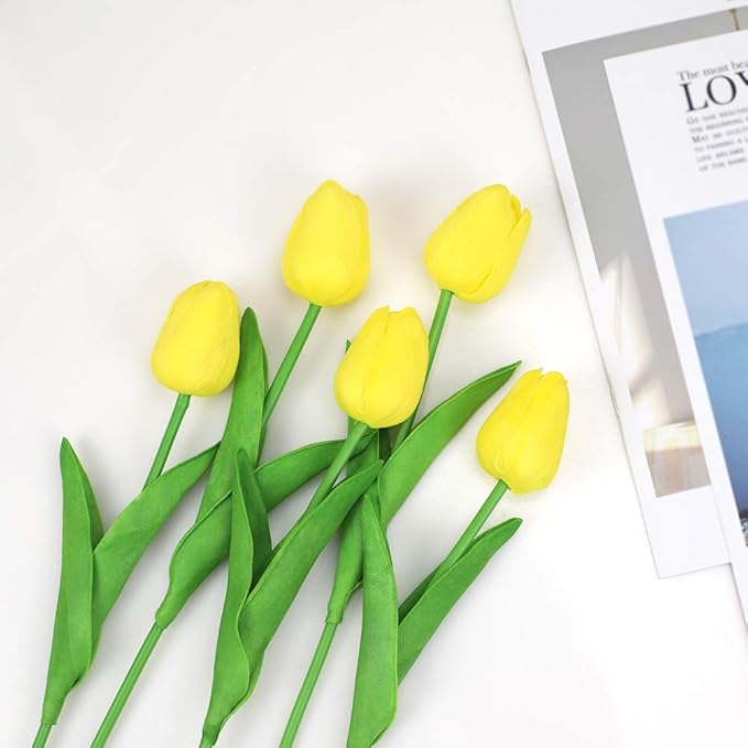 MACTING Artificial Tulips, 22Pcs Latex Tulips Artificial Flowers Bouquet for Party Home Wedding Decoration, Yellow