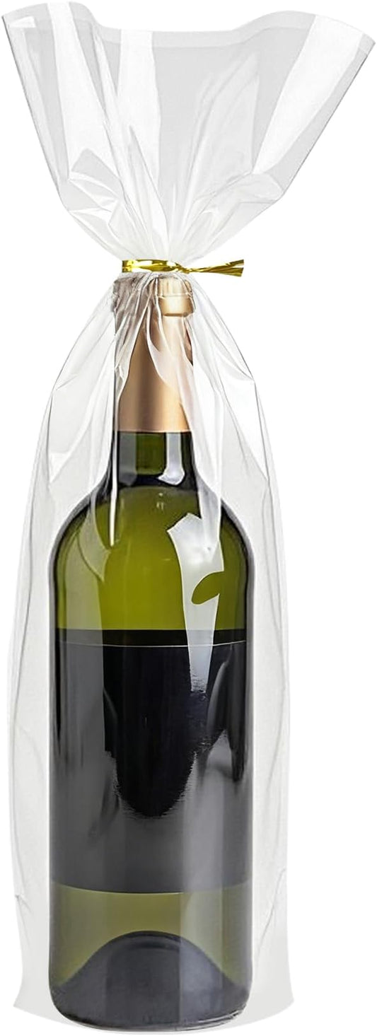 Morepack Cellophane Bags for Wine Bottles,6x18 Inches 50Pcs Clear Wine Gift Cello Bags With Twist Ties (Flat, No Gusset)