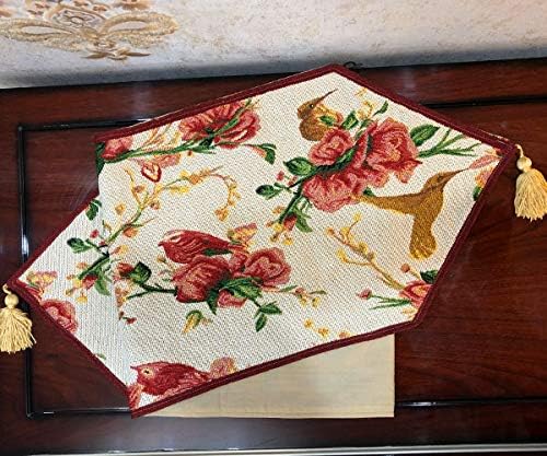 Tache Floral Red Roses Birds Ivory Woven Table Runner - Vintage Tapestry Kitchen Dining Dinner Linens Cloth - 13 x 72 inches