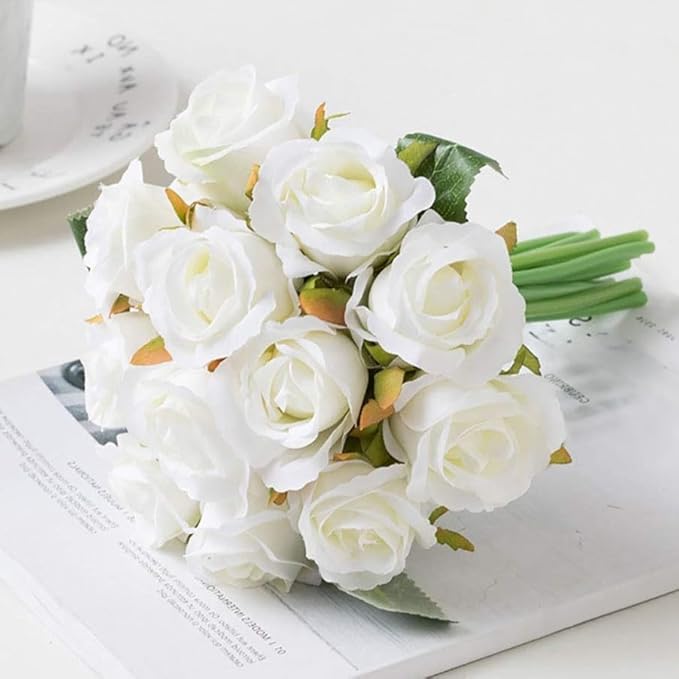 12pcs Artificial Roses Single Stem Fake Silk Flower Arrangement Bridal Bouquet Real Touch for Home Party Wedding Decoration Without Vase (White)