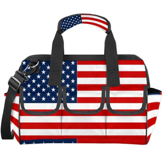 American Flag Tool Bag for Men Women Multi-Pockets Wide Mouth Tool Storage Bags 14.8 Inch Waterproof Heavy Duty Tool Bag Organizer for Electrician Mechanic Plumbers Handymen