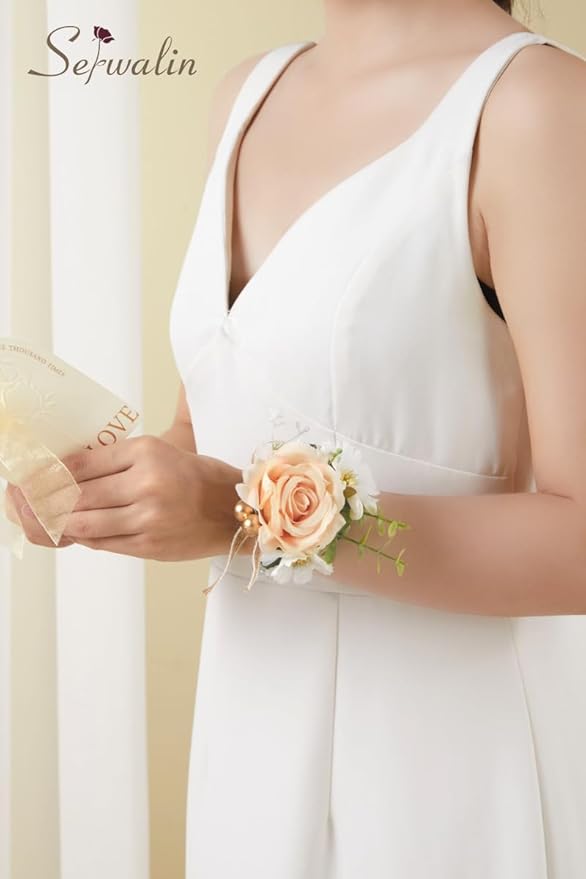 Serwalin 6 PCS Champagne Rose Wrist Corsages Wristlet for Wedding, Corsages for Prom Party Homecoming Corsage Hand Decor for Bride Bridesmaids, Mother of Bride and Groom