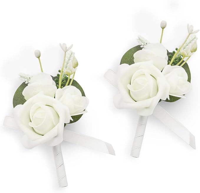 TINGE TIME 2PCS Boutonniere for Men, Groom and Groomsmen Boutonniere for Wedding, Prom, Homecoming, Anniversary, Graduation(White)