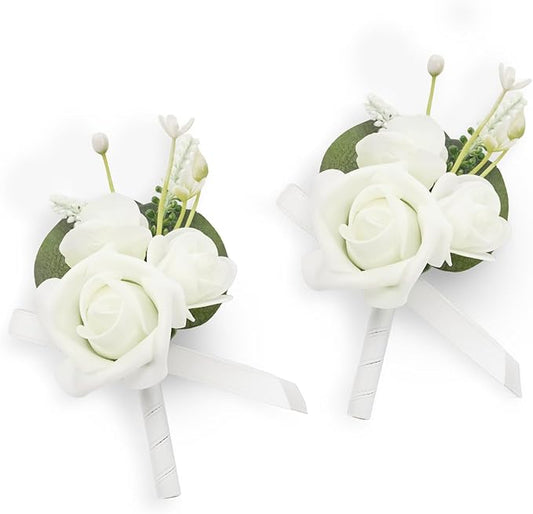 TINGE TIME 2PCS Boutonniere for Men, Groom and Groomsmen Boutonniere for Wedding, Prom, Homecoming, Anniversary, Graduation(White)