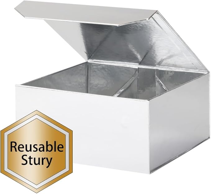 1 Pcs Small Silver Gift Box 8x8x4 Inch Magnetic Box with Crinkle Paper Silver Small Gift Box with Shredded Paper Luxury Gift Boxes with Lids for Presents