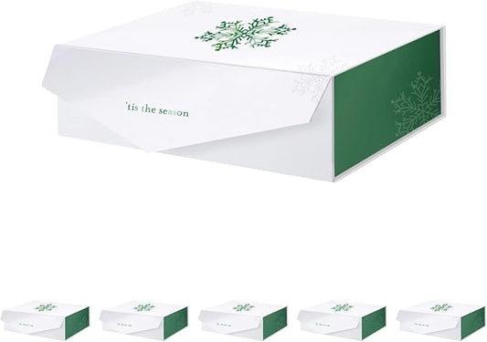 PACKHOME 6 Large Christmas Gift Boxes with Lids 13.5x9x4.1 Inches, Sturdy Collapsible Gift Boxes with Magnetic Closure (Green Snowflake Pattern)