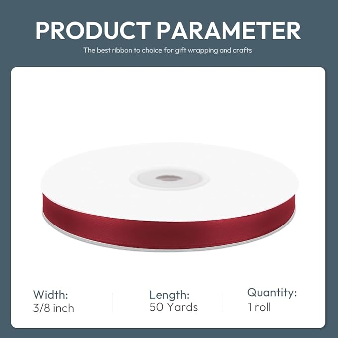 KMER LIFE 3/8" Wide x 50 Yards Wine Red Single Faced Polyester Satin Ribbon, Wine Red Satin Ribbon Perfect for Wedding Decor, Wreath, Crafts, Gift Wrapping & Other Projects (Wine Red)