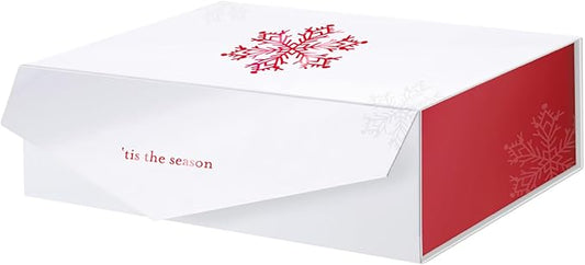PACKHOME Large Christmas Gift Box 13.5x9x4.1 Inches, Sturdy Collapsible Gift Box with Magnetic Closure Lid (Red Snowflake Pattern)