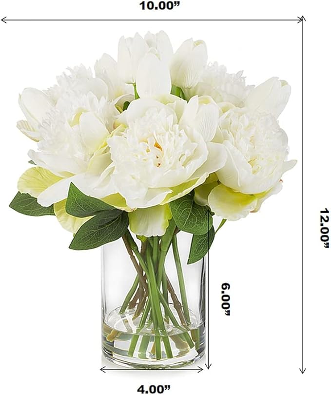 ENOVA FLORAL Artificial Flower Arrangement with Vase, Faux Flower in Vase, Mixed Artificial Real Touch Tulip and Fake Silk Peony Flower in Vase for Decoration Home Office(Cream)
