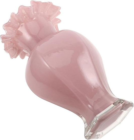 Pearlescent Pink Handblown Glass Vase with Artistic Curved Rim Unique Decorative Flower Display for Home Decor Living Centerpiece Wedding Table Accent