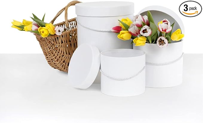 UNIKPACKAGING Premium Quality Round Flower Box, Gift Boxes for Luxury Flower and Gift Arrangements Set of 3 pcs (Snow White)