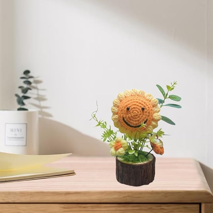 Handmade Crochet Sunflowers Flowers Bouquet Creative Knitted Potted Plant Cute Home Desktop Decorations and Gifts for Friends, Lovers, Classmates