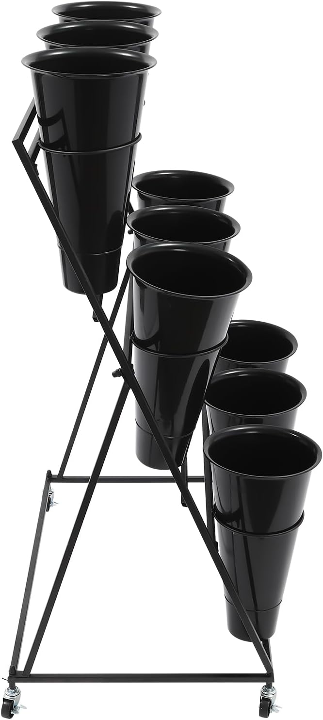 DYRABREST Flower Display Stand with Buckets, Black 3 Layers Metal Plant Stand with 9 Pieces Buckets, Moving Florist Bouquet Shelf for Fresh Flower Shop, for Patio Garden, Outdoor Flower Pop-Up Events