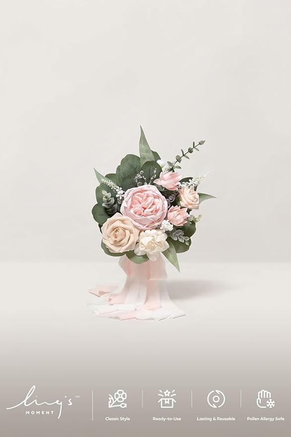 Ling's moment Artificial Flowers Pink Bridesmaid Bouquet Set of 6, Blush & Cream Wedding Flowers Bouquets for Bridesmaids, 7 Inch Bridal Bouquets for Bridesmaids, Wedding, Ceremony, Anniversary, etc