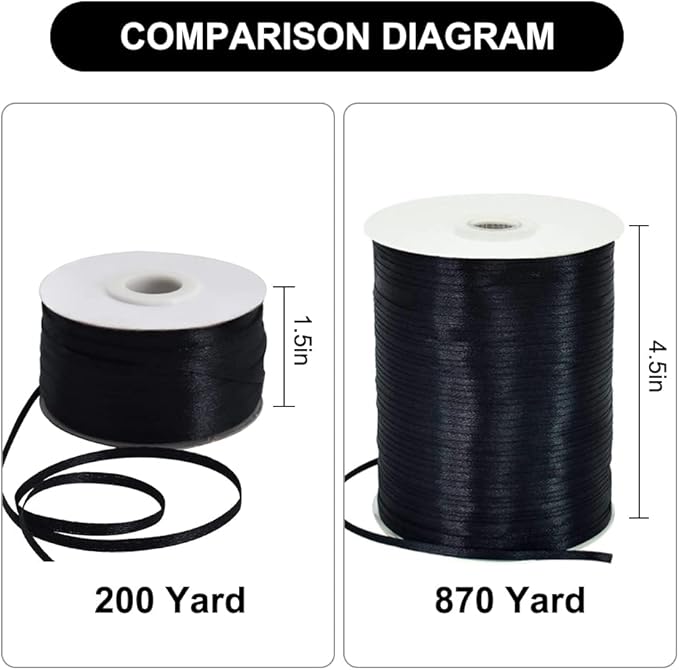TONIFUL 1/8 Inch x 200 Yards Black Thin Solid Satin Ribbon Giant Spool Double Face Ribbons for Crafts Hanging Tags Invitation Card Balloons Bouquet Hair Gift Wrapping Party Decoration,Halloween