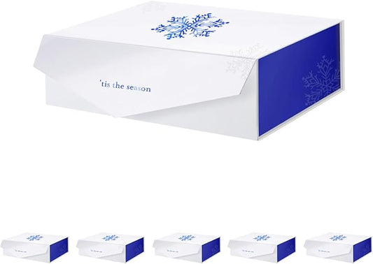 PACKHOME 6 Large Christmas Gift Boxes with Lids 13.5x9x4.1 Inches, Sturdy Collapsible Gift Boxes with Magnetic Closure (Blue Snowflake Pattern)