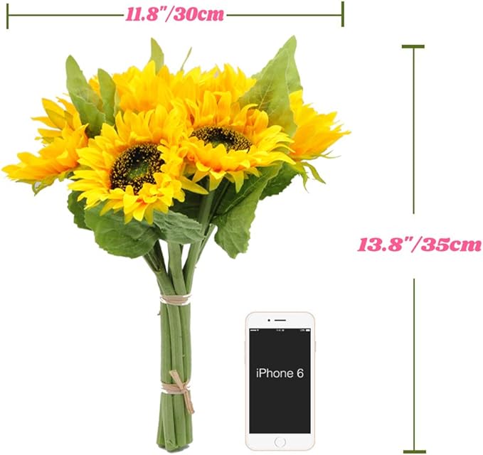 Artificial Flowers 2pcs 14'' Sunflower Bouquets with 7pcs Silk Flowers for Wedding Bridal Bouquet Bridesmaid Home Decor Housewarming Gift Office Baby Shower (Yellow)